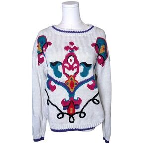Handmade Folk‎ Art Cotton Sweater Vintage 80s Colorful Statement Knit M